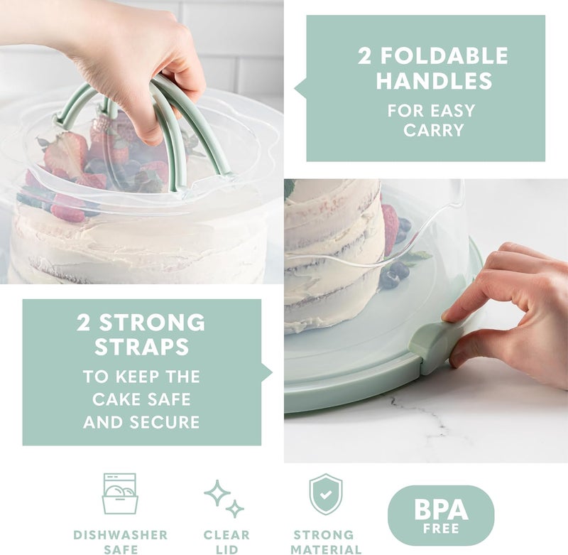 MosJos EXTRA LARGE & EXTRA STURDY Cake Carrier, Cake Stand with Lid and Foldable Handles - Multifunctional Serving Platter and Cake Plate - Cake Container with Dome and Strong Snaps 13 x 13 x 7 inch (Green) - Image 2
